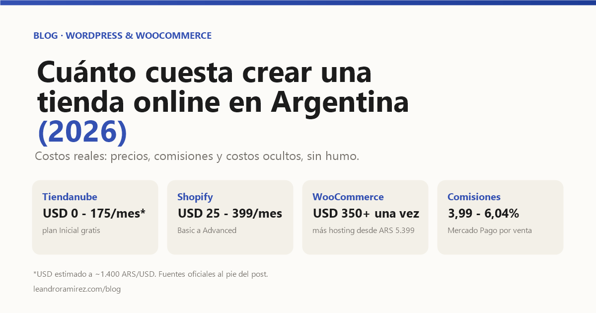 Rutas para crear una tienda online en Argentina: Tiendanube, Shopify, WooCommerce y comisiones, con rangos de precio 2026
