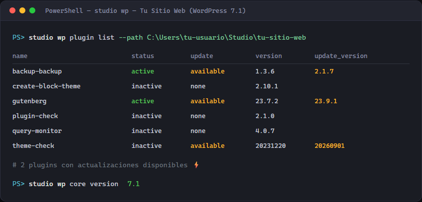 Terminal simulada: salidas reales de studio wp en el sitio Tu Sitio Web