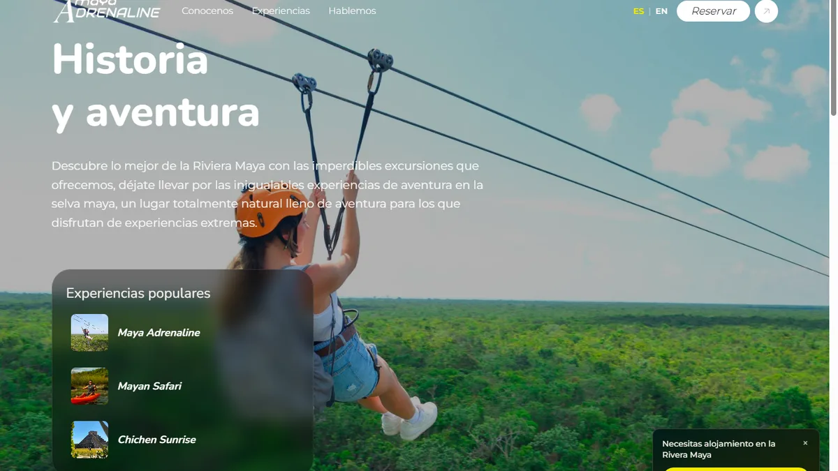 Captura del sitio de Maya Adrenaline, catálogo de excursiones en Riviera Maya