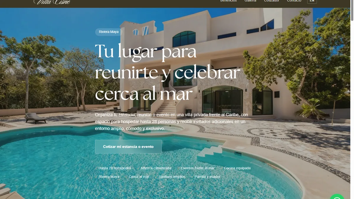 Captura de la landing de Villa Cisne, villa para bodas y eventos en Riviera Maya